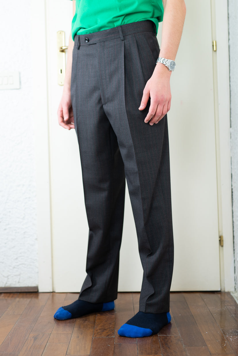 Pantalone Gessato marrone con riga rossa - LC23